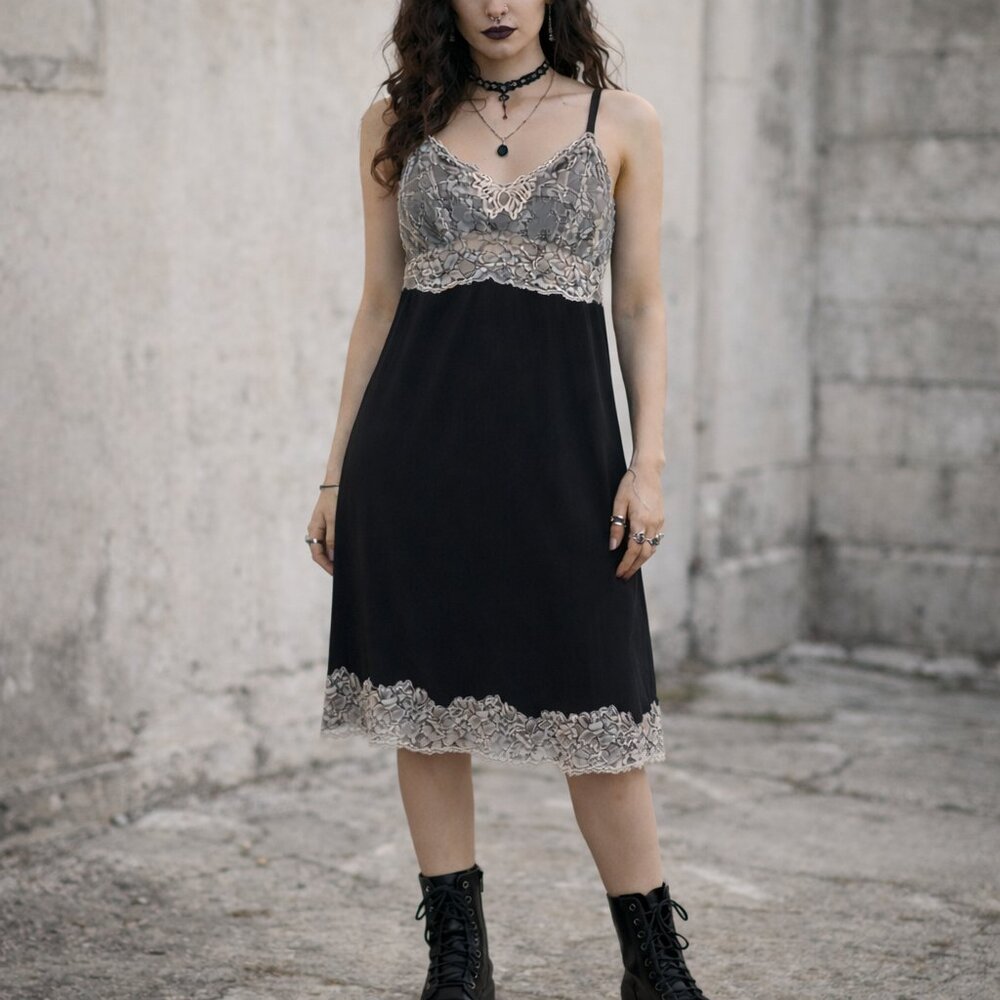 Vintage 90s Slip Dress Lace Sheer Top Butterfly Midi Whimsigoth Witchy Grunge